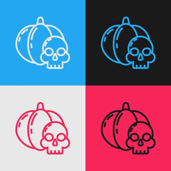 Línea Color Icono Calabaza Cráneo Aislado Sobre Fondo Color Feliz — Vector de stock