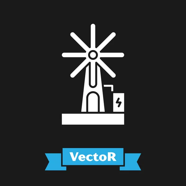 Weißes Windrad-Symbol isoliert auf schwarzem Hintergrund. Windgenerator-Schild. Windmühle für die Stromerzeugung. Vektorillustration — Stockvektor