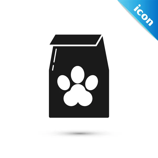 Black Bag of food for pet icon isolated on white background. Food for animals. Pet food package. Dog or cat paw print. Vector Illustration — Stock Vector