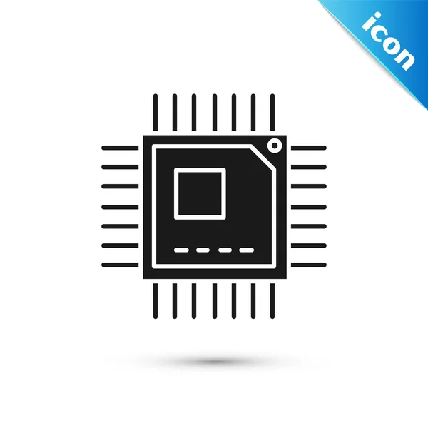 Procesador de ordenador negro con icono de la CPU de microcircuitos aislado sobre fondo blanco. Chip o cpu con señal de placa de circuito. Micro procesador. Ilustración vectorial — Vector de stock