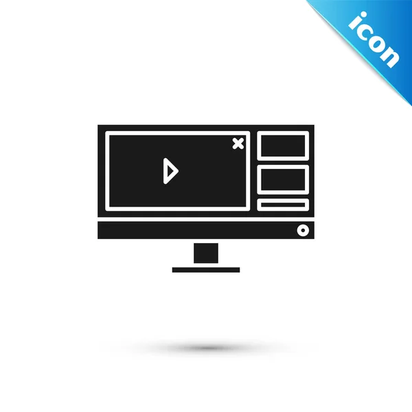 Grabadora de vídeo negro o software de editor en el icono del monitor de la computadora aislado en fondo blanco. Ilustración vectorial — Archivo Imágenes Vectoriales