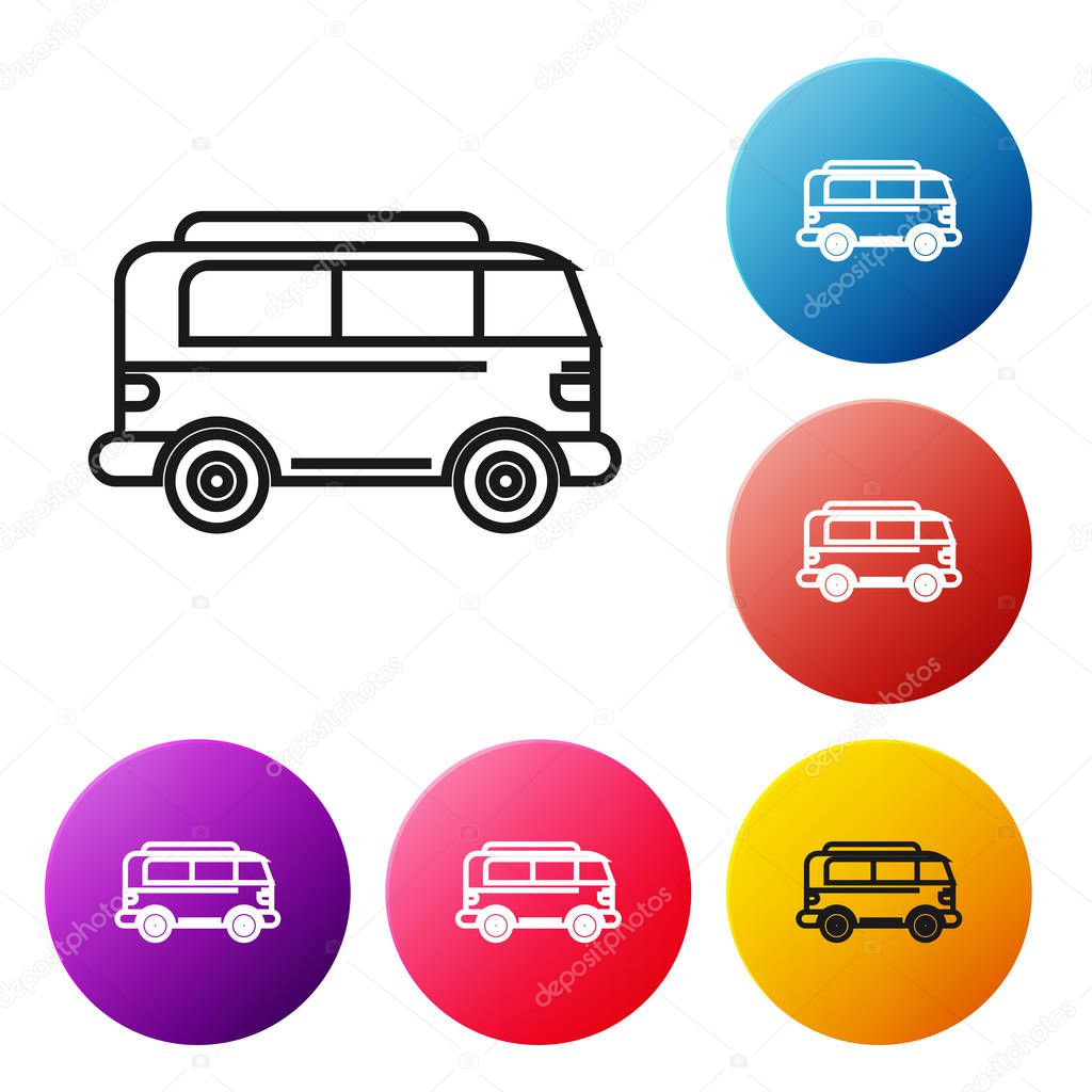 Black line Retro minivan icon isolated on white background. Old retro classic traveling van. Set icons colorful circle buttons. Vector Illustration