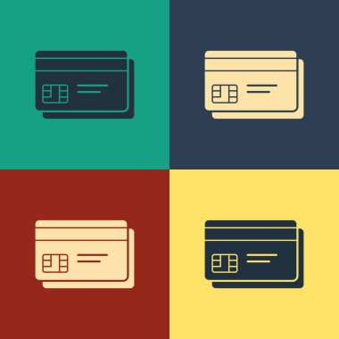 Renk arka planda yalıtılmış Renkli Kredi kartı simgesi. Online ödeme. Nakit para çekme. Finansal operasyonlar. Alışveriş tabelası. Vintage tarzı çizim. Vektör İllüstrasyonu