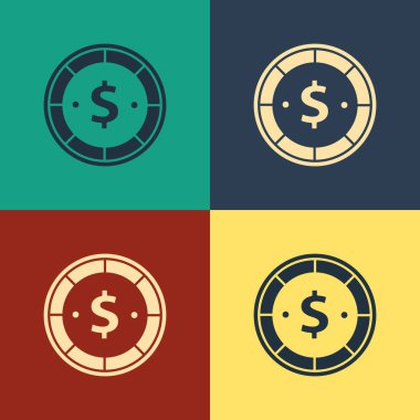 Renk arka planda izole dolar sembolü simgesi ile Renk Casino çip. Kumarhane kumarı. Vintage tarzı çizim. Vektör İllüstrasyonu