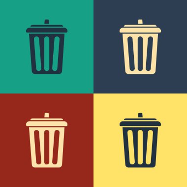Renk Çöp Kutusu, renk arka planında yalıtılmış simge olabilir. Çöp kutusu tabelası. Sepet simgesini geri dönüştürün. Office çöp simgesi. Vintage tarzı çizim. Vektör İllüstrasyonu
