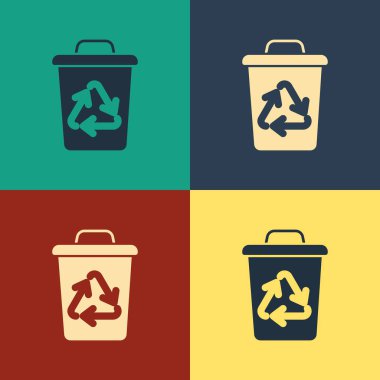 Renk arka planda yalıtılmış simge simgesiyle renk geri dönüşüm kutusu. Çöp kutusu simgesi. Çöp kutusu tabelası. Sepet işaretini geri dönüştürün. Vintage tarzı çizim. Vektör İllüstrasyonu