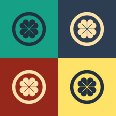 Color Gold coin with four leaf clover icon isolated on color background. Happy Saint Patricks day. Vintage style drawing. Vector Illustration