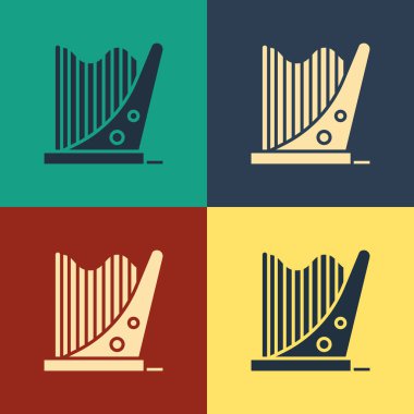 Renkli Harp simgesi renk arkaplanında izole edildi. Klasik müzik enstrümanı, orkestra akustik elementi. Klasik tarzda çizim. Vektör İllüstrasyonu