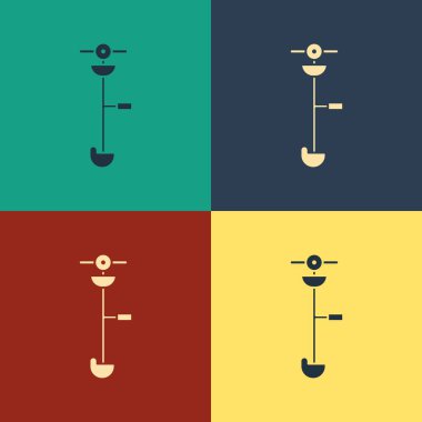 Renk Çimeni ve ot elektrikli tel budayıcı simgesi renk arkaplanında izole edilmiş. Çim biçme makinesi, beyaz arka planda izole edilmiş çim biçme makinesi. Klasik tarzda çizim. Vektör İllüstrasyonu