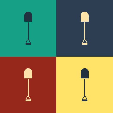 Renk arka planda yalıtılmış renk Kürek simgesi. Bahçıvanlık aleti. Bahçecilik, tarım, tarım için bir araç. Vintage tarzı çizim. Vektör İllüstrasyonu