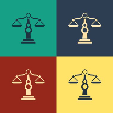 Adalet simgesinin renk arkaplanına izole edilmiş renk pulları. Hukuk mahkemesi sembolü. Denge tabelaları. Klasik tarzda çizim. Vektör İllüstrasyonu