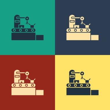 Renk arkaplanı üzerinde karton kutular mühendislik simgesi bulunan renk fabrikası taşıma sistemi bandı. Robot endüstrisi konsepti. Klasik tarzda çizim. Vektör İllüstrasyonu