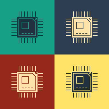 Renkli arkaplanda mikro devre işlemci simgesi olan renkli bilgisayar işlemcisi. Devre kartı işaretli çip ya da işlemci. Mikro işlemci. Klasik tarzda çizim. Vektör İllüstrasyonu