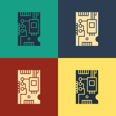 Renkli Elektronik bilgisayar bileşenleri anakart dijital çip entegre bilim ikonu renk arkaplan izole. Devre kartı. Klasik tarzda çizim. Vektör İllüstrasyonu