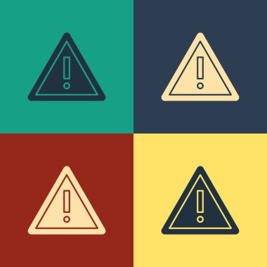 Renk arkaplan üzerinde izole edilmiş üçgen simgesinde renk ünlem işareti. Tehlike uyarısı, dikkat, dikkat, tehlike uyarısı önemli bir işaret. Klasik tarzda çizim. Vektör İllüstrasyonu