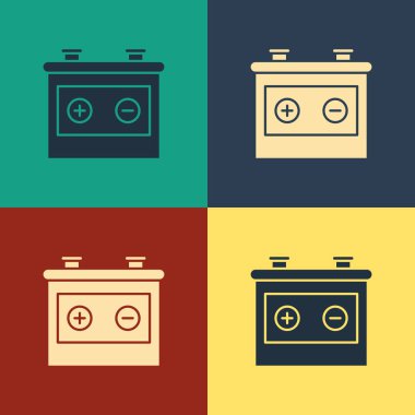 Renkli Araba akü simgesi renk arka planda yalıtılmış. Akümülatör pil enerji gücü ve elektrik akümülatör pil. Vintage tarzı çizim. Vektör İllüstrasyonu