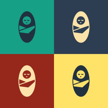 Color Newborn baby infant swaddled or swaddling icon isolated on color background. Baby kid child wrapped in blanket clothes. Vintage style drawing. Vector Illustration