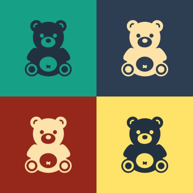 Renkli ayıcık peluş oyuncak simgesi renk arkaplanında izole edildi. Klasik tarzda çizim. Vektör İllüstrasyonu