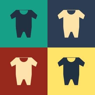Renk Bebek giysileri simgesi renk arka planda izole. Kız ve erkek bebek kıyafetleri. Bebek bodysuit. Vintage tarzı çizim. Vektör İllüstrasyonu