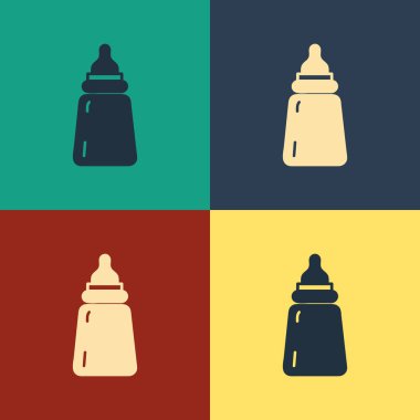 Color Baby bottle icon isolated on color background. Feeding bottle icon. Milk bottle sign. Vintage style drawing. Vector Illustration