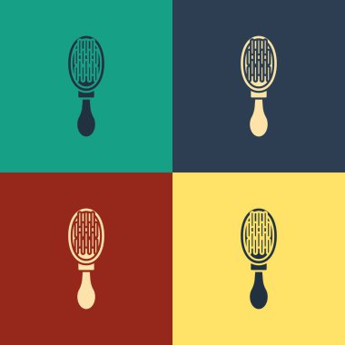 Renkli arka planda köpek ve kedi ikonu için renk saç fırçası izole edildi. Hayvan kürkü için fırça. Hayvan aksesuarı. Klasik tarzda çizim. Vektör İllüstrasyonu