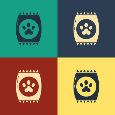 Renk arkaplanında izole edilmiş evcil hayvan simgesi için renk torbası. Hayvanlar için yiyecek. Hayvan maması paketi. Köpek ya da kedi pençesi izi. Klasik tarzda çizim. Vektör İllüstrasyonu