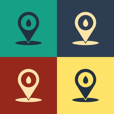 Renkli benzin doldurma ikonu renk arkaplanında izole edildi. Benzin istasyonu ve harita göstergesi. Klasik tarzda çizim. Vektör İllüstrasyonu