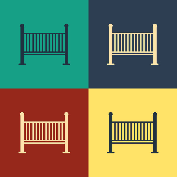 Color Baby crib cradle bed icon isolated on color background. Vintage style drawing. Vector Illustration