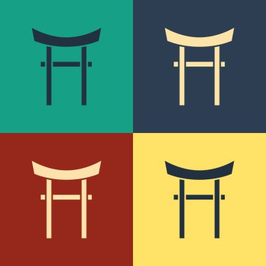 Renkli arka planda Japon Kapı simgesi izole edildi. Torii kapı işareti. Geleneksel Japon klasik geçit sembolü. Klasik tarzda çizim. Vektör İllüstrasyonu