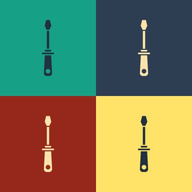 Renkli tornavida simgesi arkaplanda izole edildi. Servis aracı sembolü. Klasik tarzda çizim. Vektör İllüstrasyonu