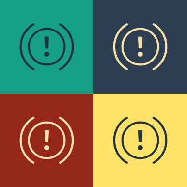 Renk fren sistemi uyarı simgesi renk arkaplanında izole edildi. Arabada ünlem işareti var. Gösterge tabelaları. Klasik tarzda çizim. Vektör İllüstrasyonu