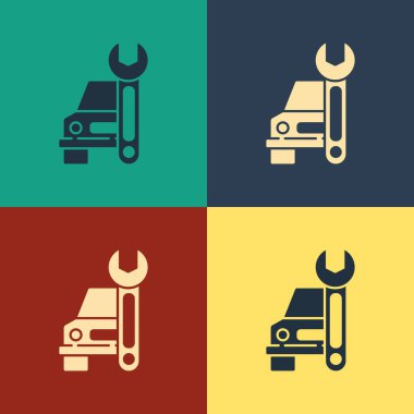 Renkli araba servis simgesi renk arkaplanında izole edildi. Otomobil tamircisi. Tamirci oto tamircisi. Bakım tabelası. Klasik tarzda çizim. Vektör İllüstrasyonu