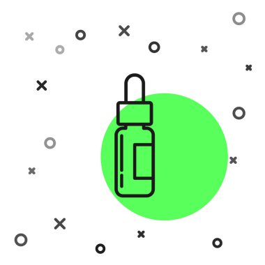 Siyah çizgili cam şişe ve pipet. Beyaz arka planda izole edilmiş, içinde pipet olan bir şişe. Tıbbi ve kozmetik ürünler için konteynır. Vektör İllüstrasyonu