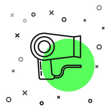 Siyah çizgi saç kurutma ikonu beyaz arkaplanda izole edildi. Saç kurutma makinesi tabelası. Saç kurutma sembolü. Sıcak hava üflüyor. Vektör İllüstrasyonu