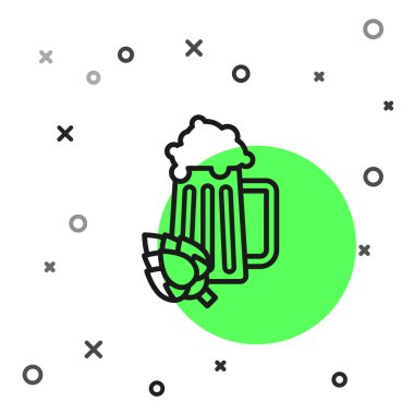 Black line Glass of beer and hop icon isolated on white background.  Vector Illustration