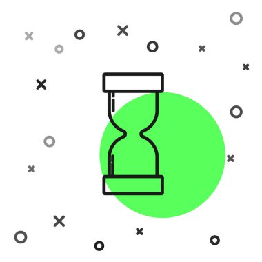 Siyah çizgi Beyaz zemin üzerinde kum ikonu akan eski kum saati. Kum saati işareti. İş ve zaman yönetimi kavramı. Vektör İllüstrasyonu