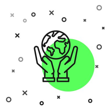 Siyah çizgi insan eli, beyaz zemin üzerinde Dünya 'nın ikonunu tutuyor. Dünya kavramını sakla. Vektör İllüstrasyonu