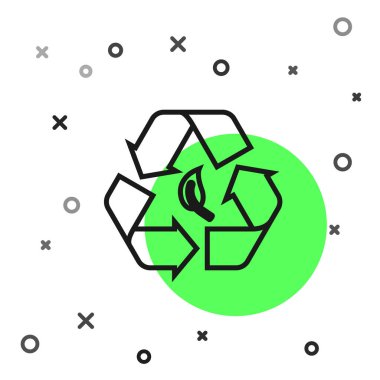 Beyaz arkaplanda siyah çizgi geri dönüşüm sembolü ve yaprak simgesi izole edildi. Çevre geri dönüşümü yeşile döner. Vektör İllüstrasyonu