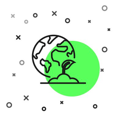 Siyah çizgi Dünya küresi ve bitki ikonu beyaz arka planda izole edildi. Dünya ya da Dünya işareti. Geometrik şekiller. Çevresel konsept. Vektör İllüstrasyonu