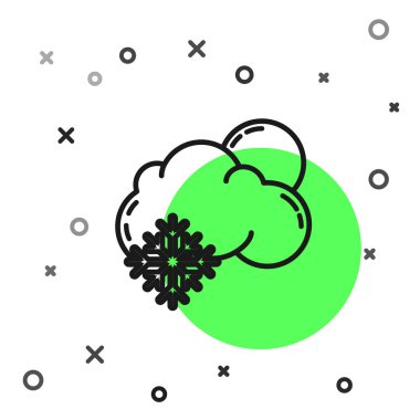 Beyaz zemin üzerinde kar ve güneş ikonu olan siyah çizgi bulutu. Kar taneli bulut. Tek hava ikonu. Kar tabelası. Vektör İllüstrasyonu