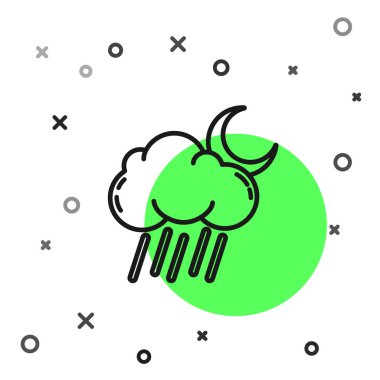 Beyaz zemin üzerinde yağmur ve ay ikonu olan siyah çizgi bulutu. Yağmur damlaları ile yağmur bulutu yağışı. Vektör İllüstrasyonu