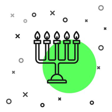 Siyah çizgi Hanuka menorah simgesi beyaz arkaplanda izole edildi. Geleneksel Hanuka sembolü. Tatil dini, Yahudi Işık Festivali. Vektör İllüstrasyonu