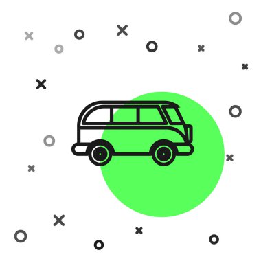 Siyah çizgi Retro minivan simgesi beyaz arkaplanda izole edildi. Eski klasik seyahat minibüsü. Vektör İllüstrasyonu