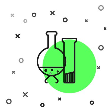 Siyah çizgi test tüpü ve matarası. Beyaz arka planda izole edilmiş kimyasal laboratuvar ikonu. Laboratuvar cam levhası. Vektör İllüstrasyonu