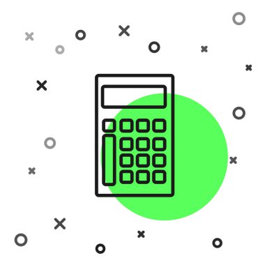 Siyah çizgi hesap makinesi simgesi beyaz arkaplanda izole edildi. Muhasebe sembolü. İş hesaplamaları matematik eğitimi ve finans. Vektör İllüstrasyonu