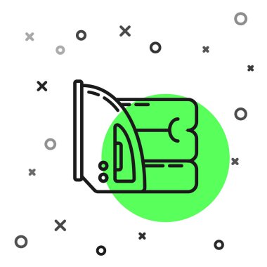 Beyaz zemin üzerinde siyah çizgi elektrikli ütü ve havlu ikonu izole edildi. Buhar ütüsü. Vektör İllüstrasyonu