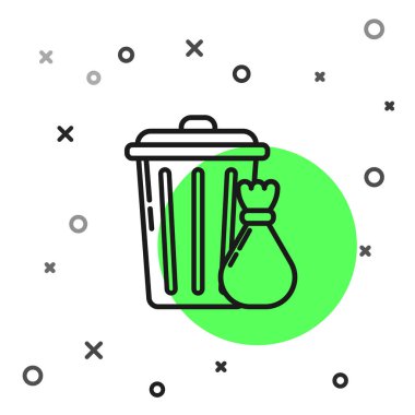 Siyah çizgi çöp kutusu ve çöp torbası simgesi beyaz arkaplanda izole edilmiş. Çöp kutusu tabelası. Sepet simgesini geri dönüştür. Ofis çöpü ikonu. Vektör İllüstrasyonu