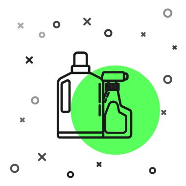 Siyah çizgili plastik şişeler sıvı çamaşır deterjanı, çamaşır suyu, bulaşık deterjanı ya da beyaz arka planda izole edilmiş başka bir temizlik maddesi. Vektör İllüstrasyonu