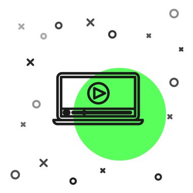 Siyah çizgi çevrimiçi video simgesi beyaz arkaplanda izole edildi. Dizüstü bilgisayar ve oyun işaretli film şeridi. Vektör İllüstrasyonu