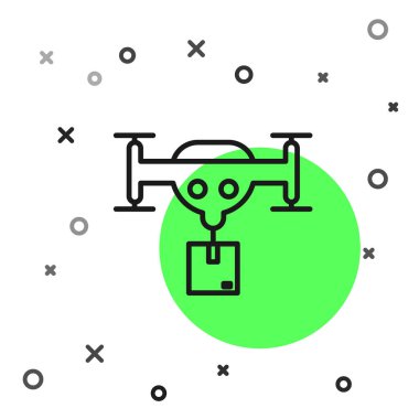 Beyaz arkaplanda paket simgesi izole edilmiş siyah çizgi teslimat dronu. Drone karton kutu teslim ediyor. Vektör İllüstrasyonu